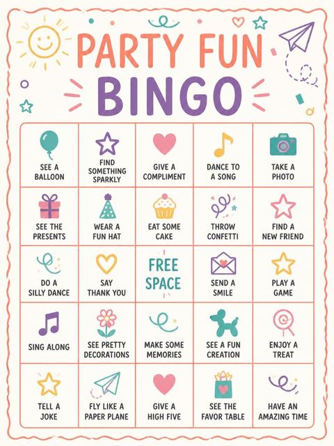 Bingo grid in the Doodle Motif Multi-Color 1st Birthday design