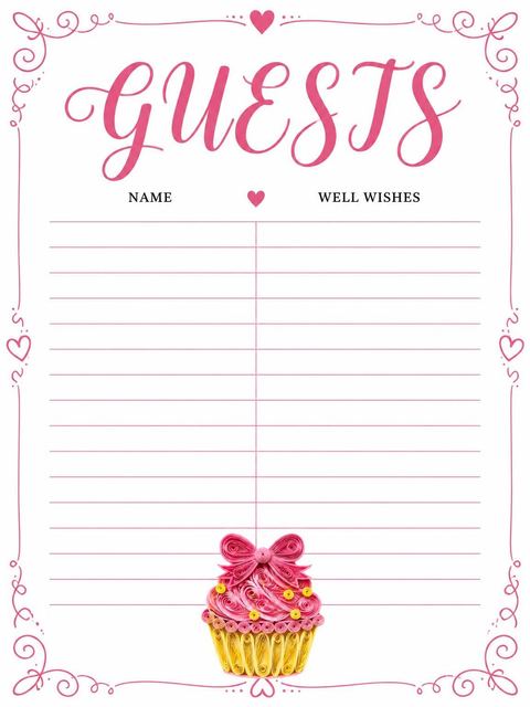 Guest sign-in sheet in the Pink Paper-Quilling Cupcake 5th Birthday Invitation design