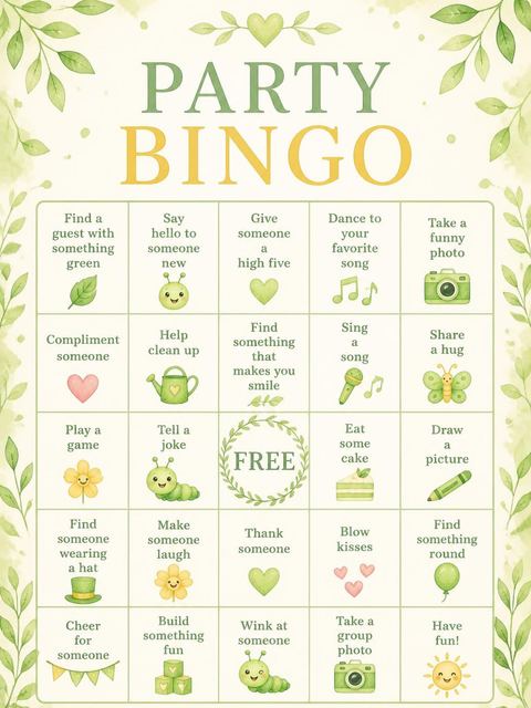 Bingo grid in the Watercolor Caterpillar Green 2nd Birthday design