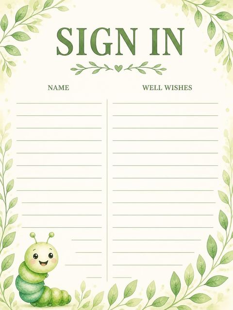 Guest sign-in sheet in the Watercolor Caterpillar Green 2nd Birthday design