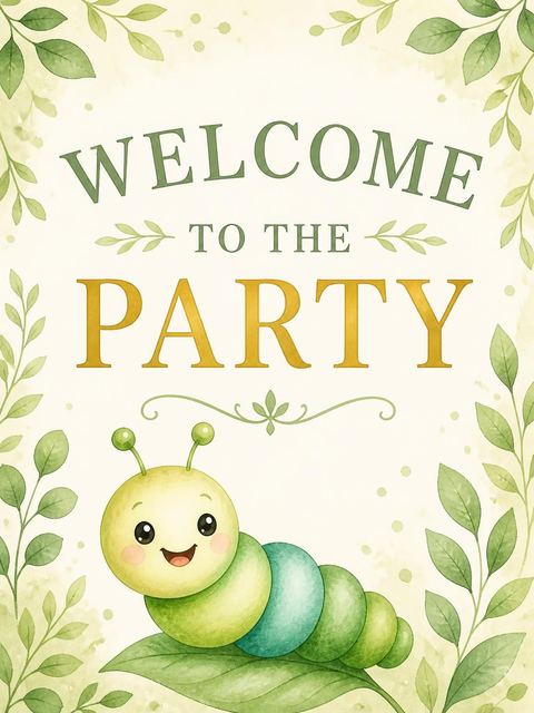 Welcome sign in the Watercolor Caterpillar Green 2nd Birthday design
