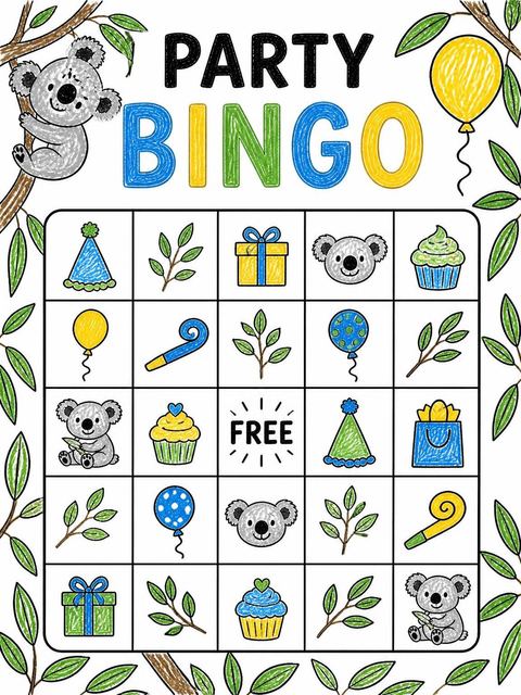 Bingo grid in the Crayon Texture Koala 2nd Birthday Invitation design