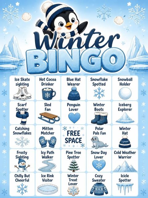 Bingo grid in the Blue Penguin Winter 3rd Birthday design