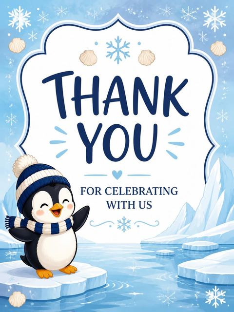 Thank-you flat in the Blue Penguin Winter 3rd Birthday design