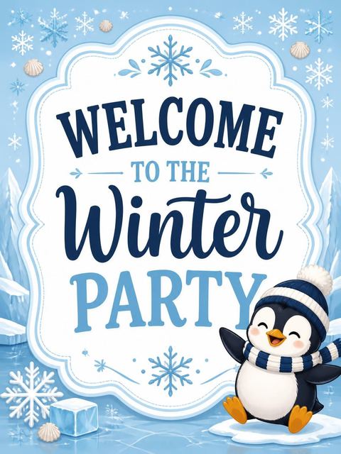 Welcome sign in the Blue Penguin Winter 3rd Birthday design