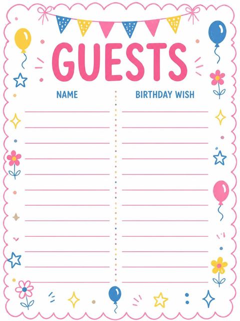 Guest sign-in sheet in the Pink Scalloped Balloon 8th Birthday Invitation design