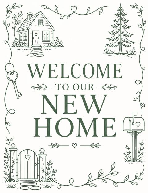 Welcome sign in the Forrest Green Housewarming Invitation design