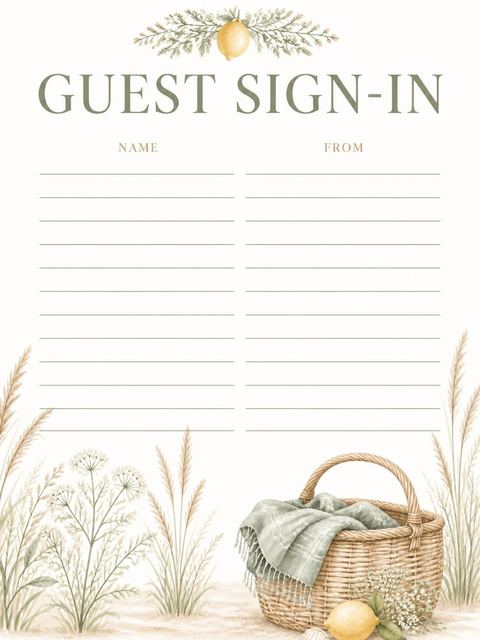 Guest sign-in sheet in the Watercolor Lemon Picnic Beach Party Invitation design
