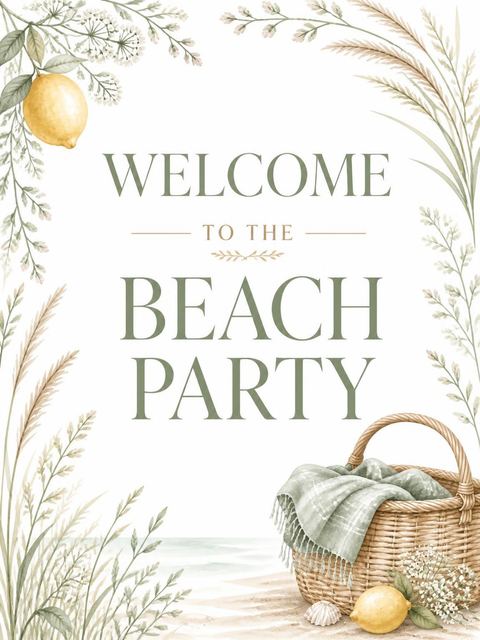 Welcome sign in the Watercolor Lemon Picnic Beach Party Invitation design