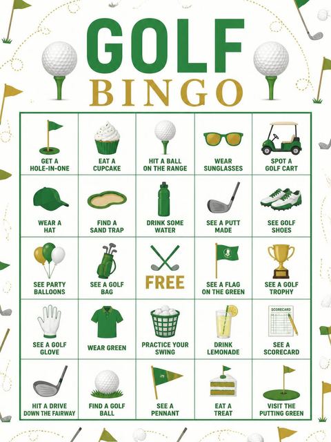 Bingo grid in the Gold Golf Ball 1st Birthday design