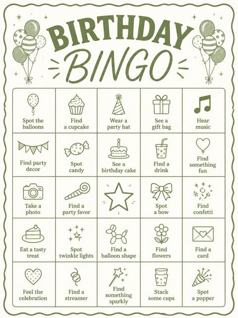 Bingo grid in the Olive Balloon Scalloped 7th Birthday Invitation design