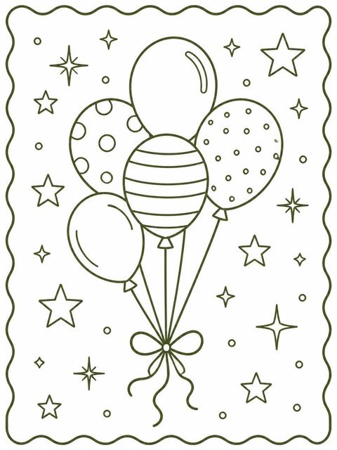 Coloring sheet in the Olive Balloon Scalloped 7th Birthday Invitation design