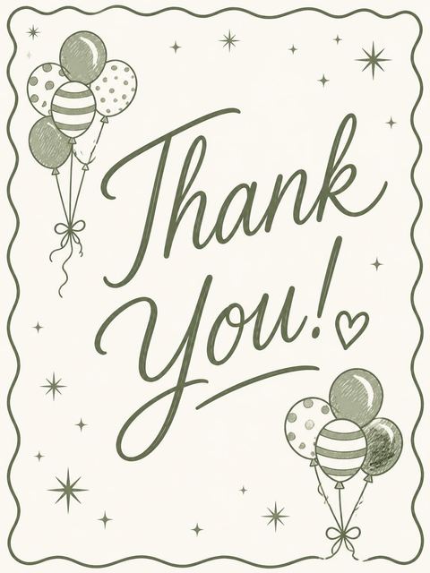 Thank-you flat in the Olive Balloon Scalloped 7th Birthday Invitation design