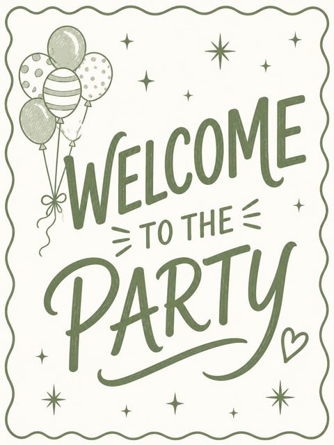 Welcome sign in the Olive Balloon Scalloped 7th Birthday Invitation design