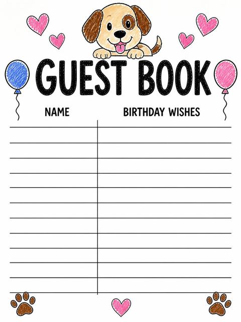 Guest sign-in sheet in the Crayon Puppy Illustration 10th Birthday design