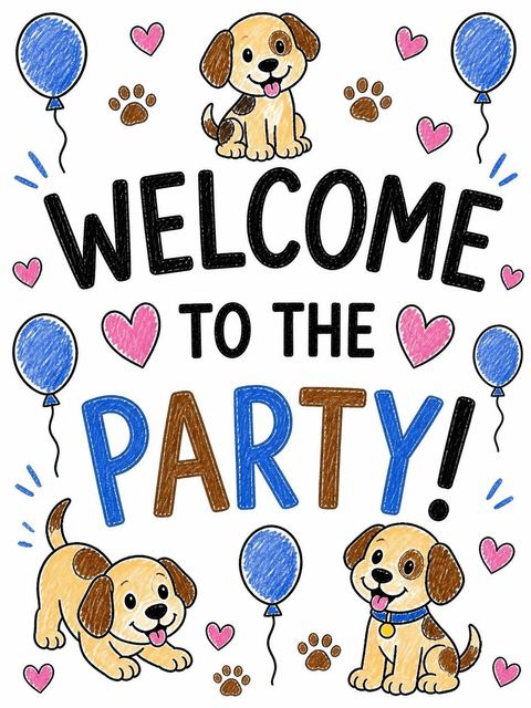 Welcome sign in the Crayon Puppy Illustration 10th Birthday design