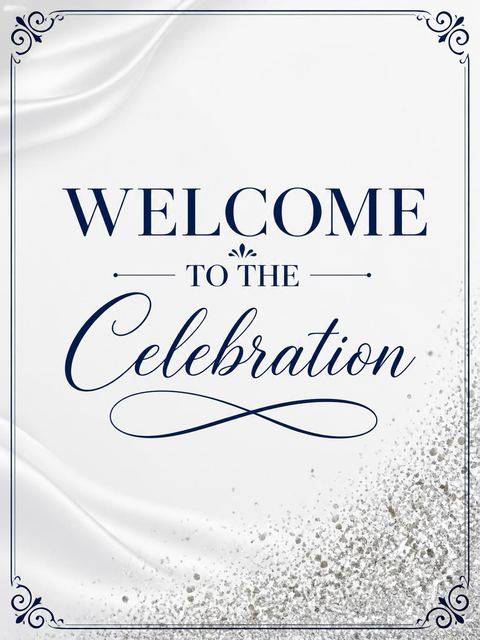 Welcome sign in the Metallic Silver Navy 80th Birthday design