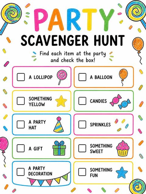 Scavenger hunt in the Crayon Candy Motif 9th Birthday Invitation design