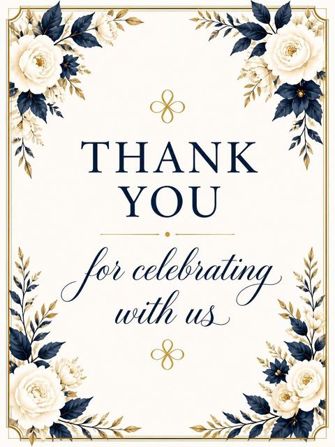 Thank-you flat in the Navy Floral Gold Border Bridal Shower design