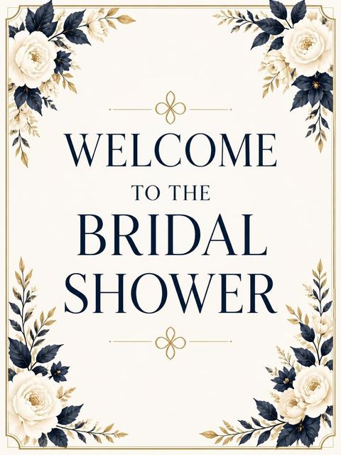 Welcome sign in the Navy Floral Gold Border Bridal Shower design