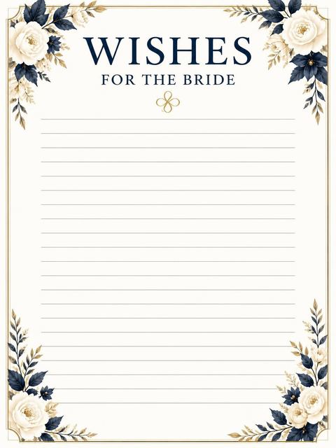 Wishes page in the Navy Floral Gold Border Bridal Shower design