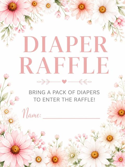 Diaper raffle ticket in the Pink Watercolor Daisy Baby Shower design