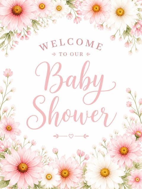 Welcome sign in the Pink Watercolor Daisy Baby Shower design