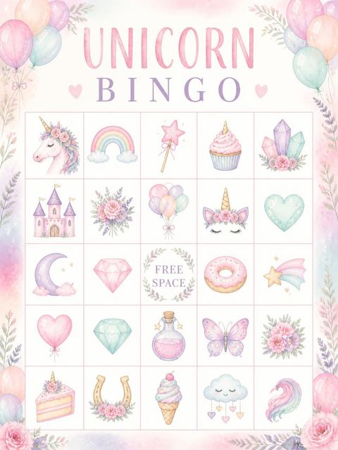 Bingo grid in the Unicorn and Balloon 5th Birthday Invitation design