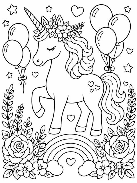 Coloring sheet in the Unicorn and Balloon 5th Birthday Invitation design