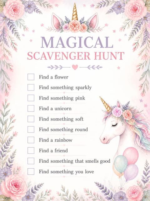 Scavenger hunt in the Unicorn and Balloon 5th Birthday Invitation design