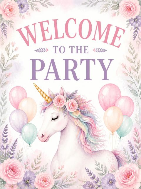 Welcome sign in the Unicorn and Balloon 5th Birthday Invitation design