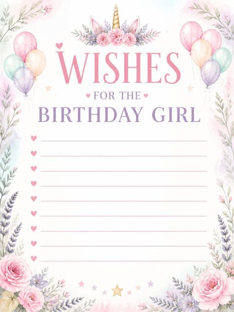 Wishes page in the Unicorn and Balloon 5th Birthday Invitation design