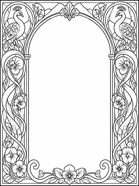 Coloring sheet in the Navy Stained Glass Peacock 4th Birthday design