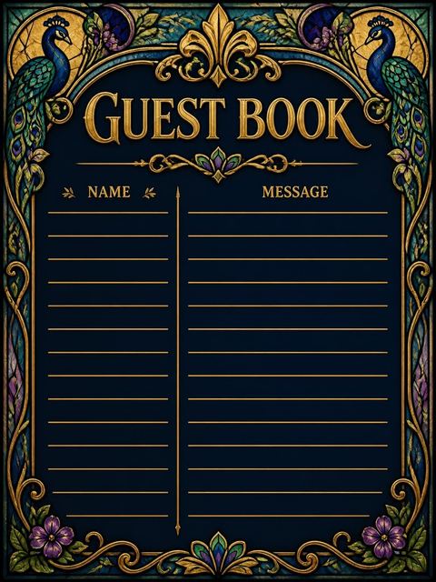 Guest sign-in sheet in the Navy Stained Glass Peacock 4th Birthday design