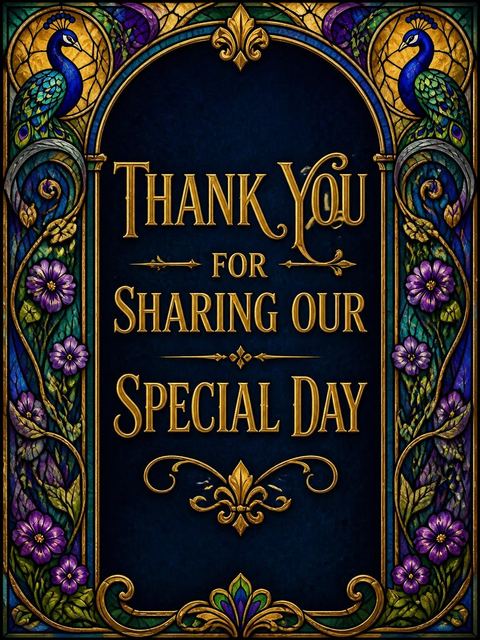 Thank-you flat in the Navy Stained Glass Peacock 4th Birthday design