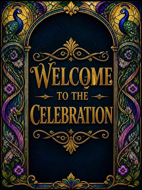 Welcome sign in the Navy Stained Glass Peacock 4th Birthday design