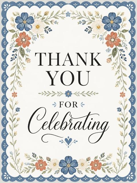 Thank-you flat in the Dusty Blue Folk Floral 18th Birthday design