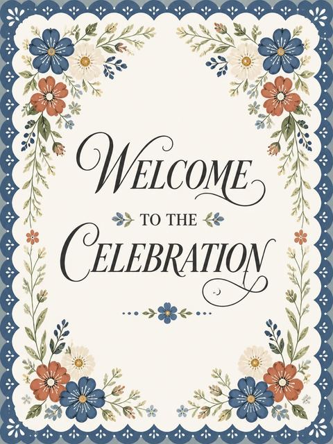 Welcome sign in the Dusty Blue Folk Floral 18th Birthday design