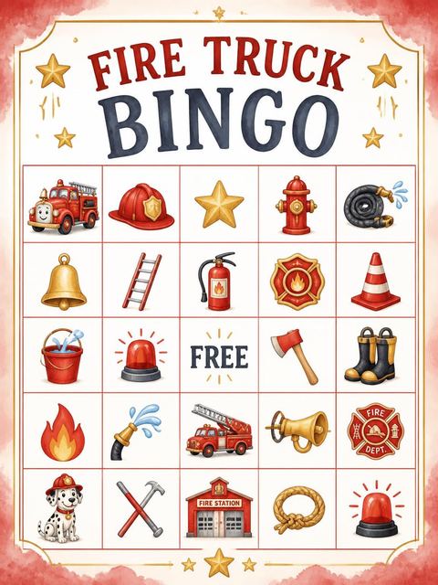 Bingo grid in the Watercolor Fire Truck 2nd Birthday design