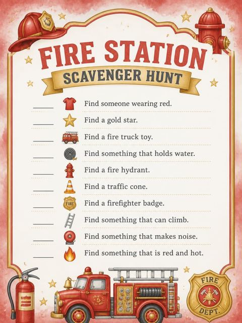 Scavenger hunt in the Watercolor Fire Truck 2nd Birthday design