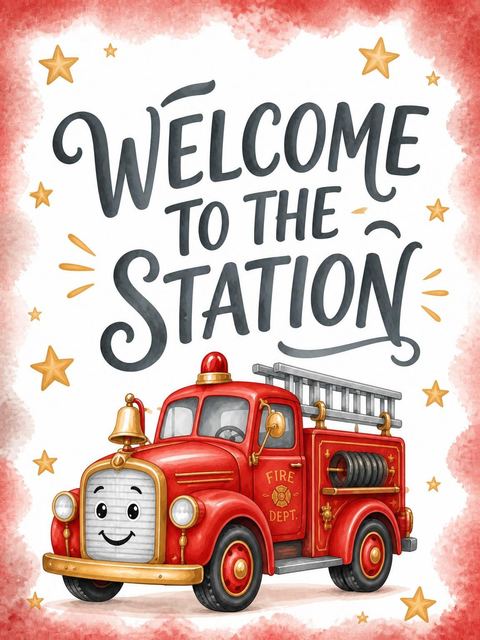 Welcome sign in the Watercolor Fire Truck 2nd Birthday design
