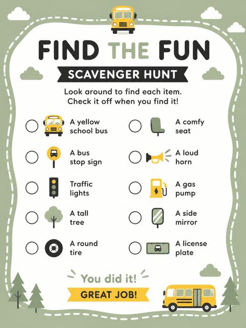 Scavenger hunt in the Sage and Yellow School Bus 1st Birthday design