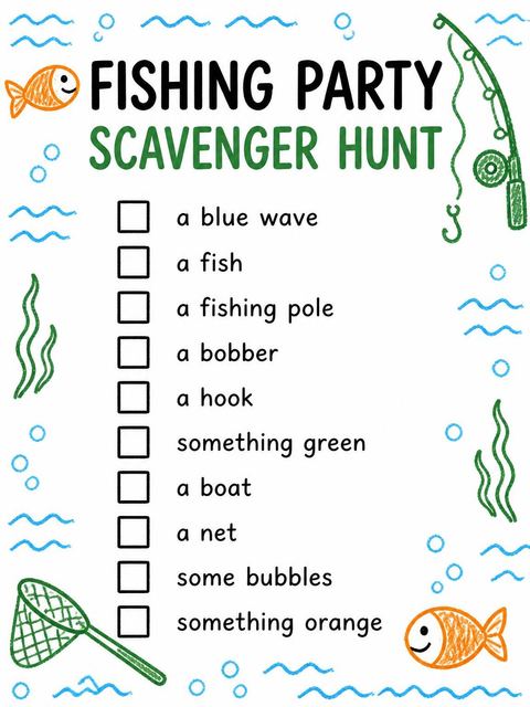 Scavenger hunt in the Crayon Fishing 6th Birthday Invitation design
