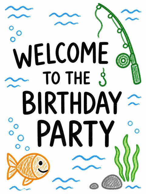 Welcome sign in the Crayon Fishing 6th Birthday Invitation design