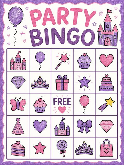 Bingo grid in the Crayon Castle Crown 5th Birthday Invitation design