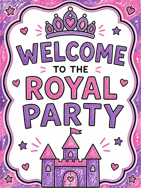 Welcome sign in the Crayon Castle Crown 5th Birthday Invitation design