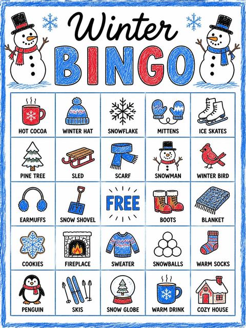 Bingo grid in the Colored Pencil Snowman 10th Birthday Invitation design
