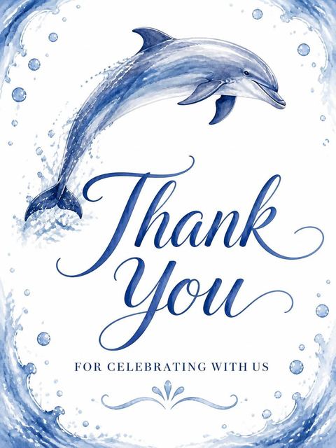 Thank-you flat in the Watercolor Dolphin Leaping 6th Birthday design