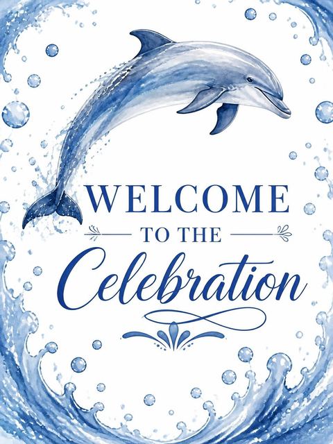 Welcome sign in the Watercolor Dolphin Leaping 6th Birthday design