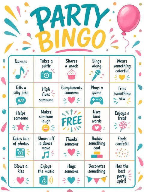 Bingo grid in the Teal and Yellow Confetti 14th Birthday design